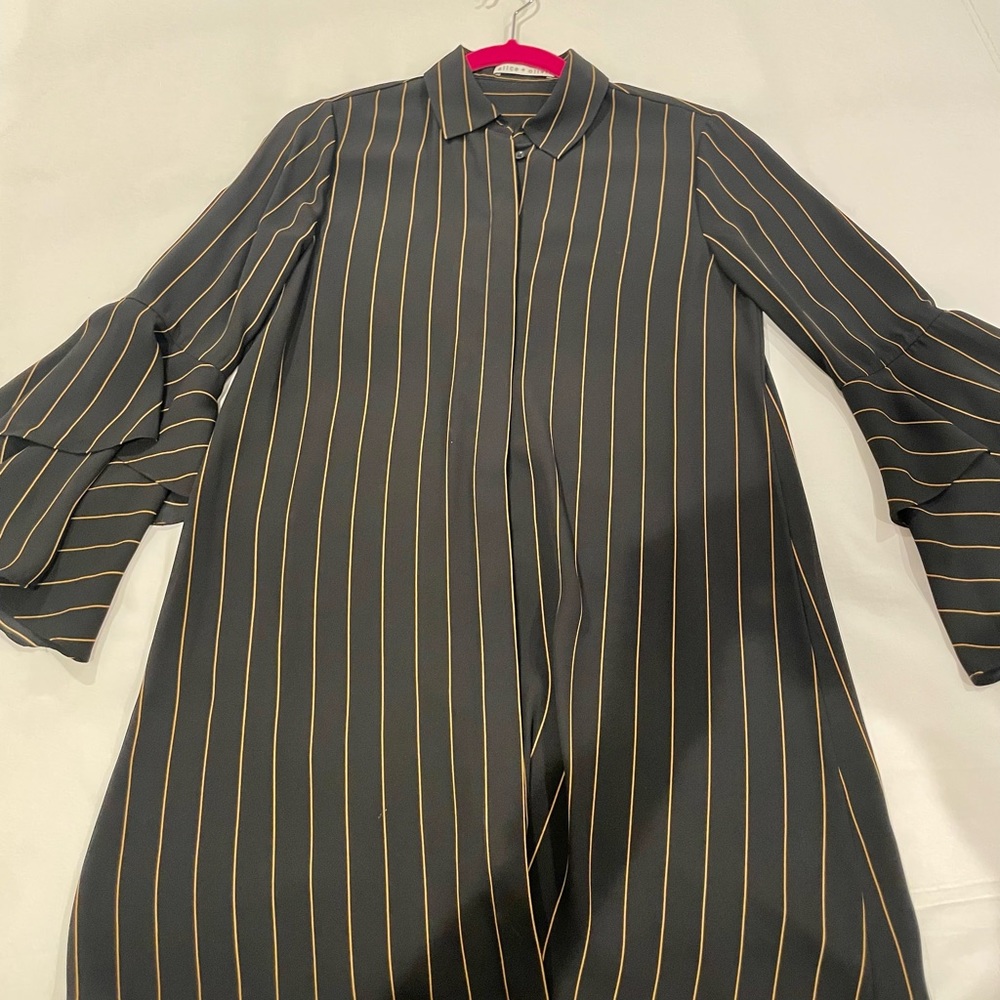 Alice and Olivia black shirt dress with beige pinstripes